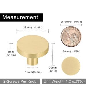 COPY - Solid Brass Round 1 1/8” Cabinet Pulls - Brushed Gold Finish (Qty. 12)